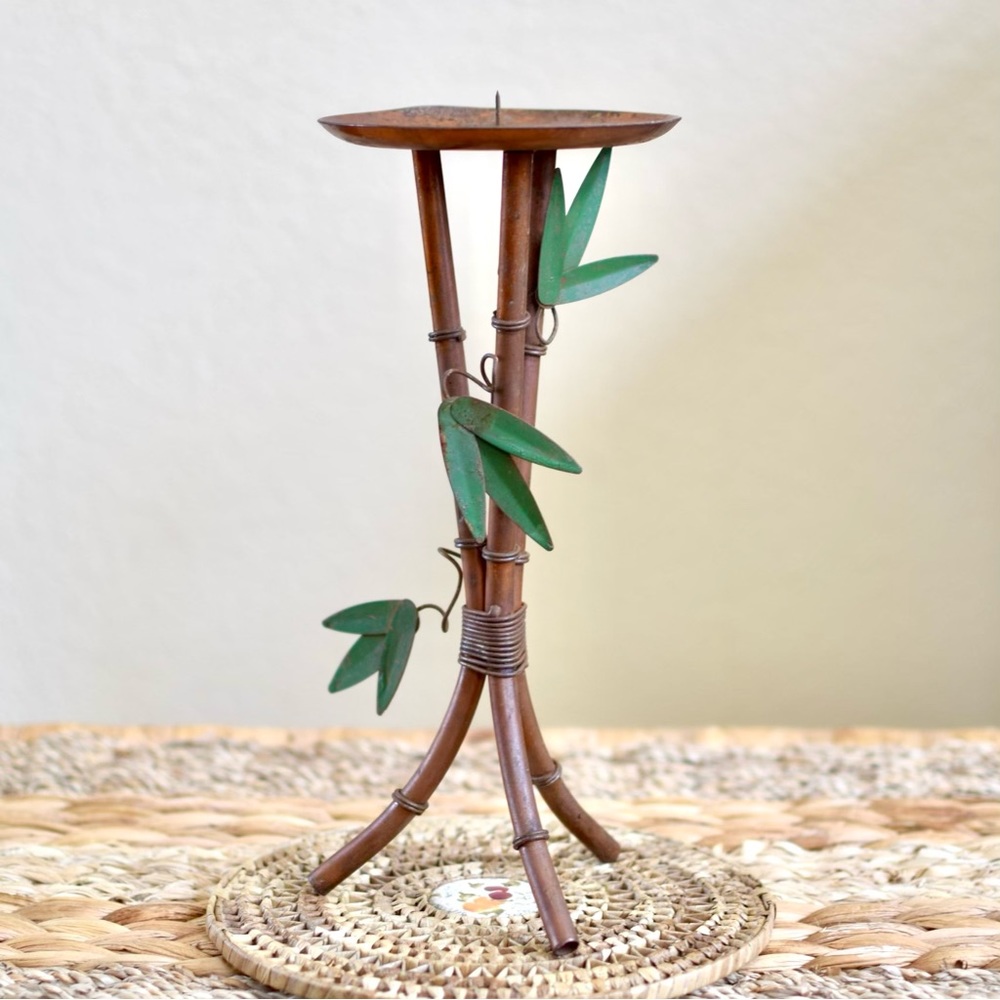 Vintage Copper Candle Holder Bamboo Leaf Design